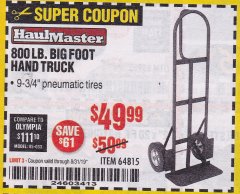 Harbor Freight Coupon 800LB, BIGFOOT HAND TRUCK Lot No. 64815 Expired: 8/31/19 - $49.99