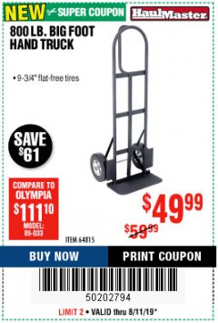 Harbor Freight Coupon 800LB, BIGFOOT HAND TRUCK Lot No. 64815 Expired: 8/11/19 - $49.99