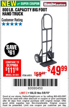 Harbor Freight Coupon 800LB, BIGFOOT HAND TRUCK Lot No. 64815 Expired: 9/8/19 - $49.99