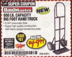 Harbor Freight Coupon 800LB, BIGFOOT HAND TRUCK Lot No. 64815 Expired: 10/31/19 - $49.99