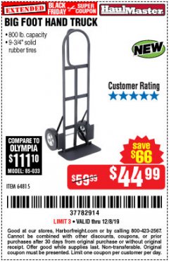 Harbor Freight Coupon 800LB, BIGFOOT HAND TRUCK Lot No. 64815 Expired: 12/8/19 - $44.99