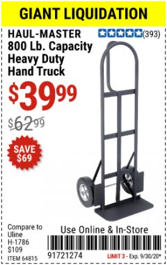 Harbor Freight Coupon 800LB, BIGFOOT HAND TRUCK Lot No. 64815 Expired: 9/30/20 - $39.99