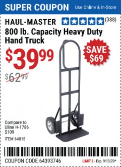 Harbor Freight Coupon 800LB, BIGFOOT HAND TRUCK Lot No. 64815 Expired: 9/13/20 - $39.99