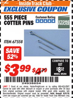 Harbor Freight ITC Coupon 555 PIECE COTTER PINS Lot No. 67558 Expired: 8/31/18 - $0