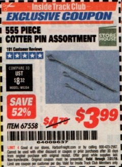 Harbor Freight ITC Coupon 555 PIECE COTTER PINS Lot No. 67558 Expired: 7/31/19 - $3.99