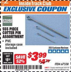 Harbor Freight ITC Coupon 555 PIECE COTTER PINS Lot No. 67558 Expired: 10/31/19 - $3.99