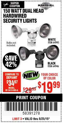 Harbor Freight Coupon 150 WATT DUAL HEAD HARDWIRED SECURITY LIGHTS Lot No. 64945, 64946 Expired: 8/25/19 - $19.99