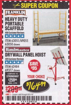 Harbor Freight Coupon HEAVY DUTY PORTABLE SCAFFOLD OR DRYWALL PANEL HOIST Lot No. 63051, 69055, 63050,62484,69377 Expired: 8/31/19 - $164.99