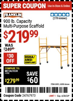 Harbor Freight Coupon HEAVY DUTY PORTABLE SCAFFOLD OR DRYWALL PANEL HOIST Lot No. 63051, 69055, 63050,62484,69377 Valid Thru: 4/28/24 - $219.99