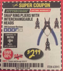 Harbor Freight Coupon SNAP RING PLIERS WITH INTERCHANGEABLE HEADS Lot No. 63845 Expired: 9/30/19 - $2.99
