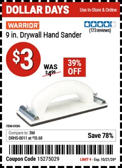 Harbor Freight Coupon WARRIOR 9 IN. DRYWALL HAND SANDER Lot No. 69586 Valid Thru: 10/21/26 - $3