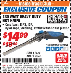 Harbor Freight ITC Coupon 130 WATT HEAVY DUTY HOT KNIFE Lot No. 60313/61423 Expired: 3/31/19 - $14.99