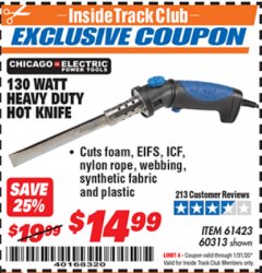 Harbor Freight ITC Coupon 130 WATT HEAVY DUTY HOT KNIFE Lot No. 60313/61423 Expired: 1/31/20 - $14.99