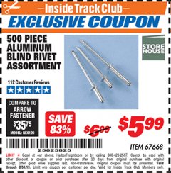 Harbor Freight ITC Coupon 500 PIECE ALUMINUM BLIND RIVET ASSORTMENT Lot No. 67668 Expired: 8/31/19 - $5.99