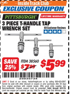 Harbor Freight ITC Coupon 3 PIECE T-HANDLE TAP WRENCH SET Lot No. 38560 Expired: 8/31/19 - $5.99