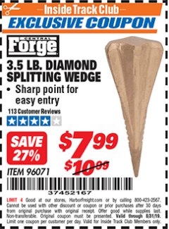 Harbor Freight ITC Coupon 3.5 LB. DIAMOND SPLITTING WEDGE Lot No. 96071 Expired: 8/31/19 - $7.99