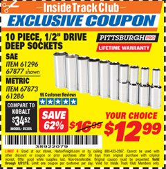 Harbor Freight ITC Coupon 10 PIECE, 1/2" DRIVE DEE SOCKETS Lot No. 61296/67877/67873/61286 Expired: 8/31/19 - $12.99