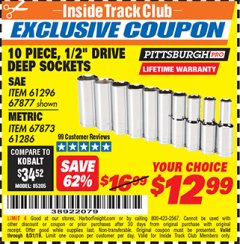 Harbor Freight ITC Coupon 10 PIECE, 1/2" DRIVE DEE SOCKETS Lot No. 61296,67877,67873,61286 Expired: 8/31/19 - $12.99