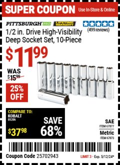 Harbor Freight Coupon 10 PIECE, 1/2" DRIVE DEE SOCKETS Lot No. 61296/67877/67873/61286 Expired: 5/12/24 - $11.99