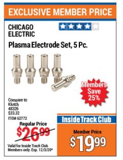 Harbor Freight ITC Coupon 5 PIECE PLASMA ELECTRODE SET Lot No. 62772 Expired: 12/3/20 - $19.99