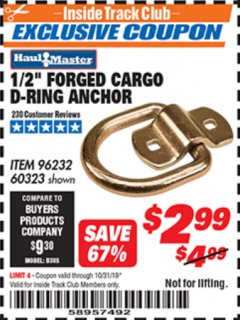 Harbor Freight ITC Coupon 1/2" FORGED CARGO D-RING ANCHOR Lot No. 60323 Expired: 10/31/19 - $2.99