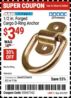 Harbor Freight Coupon HAUL-MASTER 1/2 IN. FORGED CARGO D-RING ANCHOR Lot No. 60323 Expired: 6/21/26 - $3.49