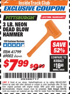 Harbor Freight ITC Coupon 3 LB. NEON DEAD BLOW HAMMER Lot No. 69002/41799 Expired: 3/31/19 - $7.99
