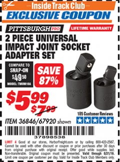 Harbor Freight ITC Coupon 2 PIECE UNIVERSAL IMPACE JOINT SOCKET ADAPTER SET Lot No. 67920 Expired: 8/31/19 - $5.99