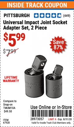 Harbor Freight ITC Coupon 2 PIECE UNIVERSAL IMPACE JOINT SOCKET ADAPTER SET Lot No. 67920 Expired: 8/31/20 - $5.99