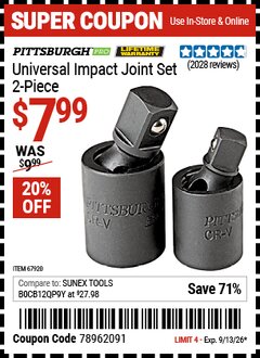 Harbor Freight Coupon PITTSBURGH PRO UNIVERSAL IMPACT JOINT SET, 2-PIECE Lot No. 67920 Expired: 9/13/26 - $7.99