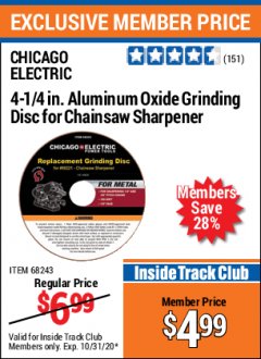 Harbor Freight ITC Coupon 4-1/4" ALUMINUM OXIDE GRINDING DISC FOR CHAIN SAW SHARPENER Lot No. 68243 Expired: 10/31/20 - $4.99