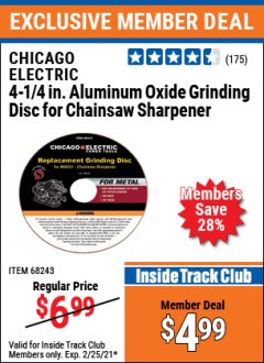 Harbor Freight ITC Coupon 4-1/4" ALUMINUM OXIDE GRINDING DISC FOR CHAIN SAW SHARPENER Lot No. 68243 Expired: 2/25/21 - $4.99