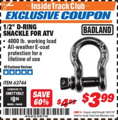 Harbor Freight ITC Coupon BADLAND 1/2 IN. D-RING SHACKLE FOR ATV Lot No. 63744/58639 Expired: 10/31/19 - $3.99