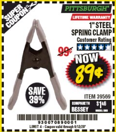 Harbor Freight Coupon 1" STEEL SPRING CLAMP Lot No. 39569 Expired: 6/30/20 - $0.89