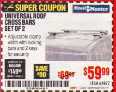 Harbor Freight Coupon HAUL-MASTER UNIVERSAL ROOF CROSS BARS, SET OF 2 Lot No. 64877 Expired: 9/30/19 - $59.99