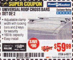 Harbor Freight Coupon HAUL-MASTER UNIVERSAL ROOF CROSS BARS, SET OF 2 Lot No. 64877 Expired: 10/31/19 - $59.99