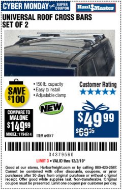 Harbor Freight Coupon UNIVERSAL ROOF CROSS BARS SET OF 2 Lot No. 64877 Expired: 12/2/19 - $49.99