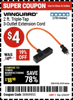 Harbor Freight ITC Coupon 3-WAY GROUNDED POWER OUTLET Lot No. 56764/61998/45185 Expired: 3/24/24 - $4