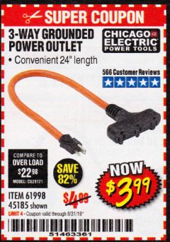Harbor Freight Coupon 3-WAY GROUNDED POWER OUTLET Lot No. 56764/61998/45185 Expired: 8/31/19 - $3.99