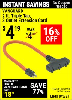 Harbor Freight Coupon 3-WAY GROUNDED POWER OUTLET Lot No. 56764/61998/45185 Expired: 8/5/21 - $4.19