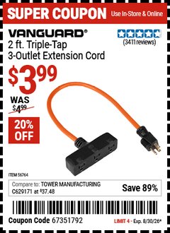 Harbor Freight Coupon VANGUARD 2 FT. TRIPLE-TAP, 3-OUTLET EXTENSION CORD Lot No. 56764/61998 Valid Thru: 8/30/26 - $3.99