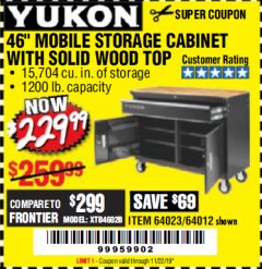 Harbor Freight Coupon YUKON 46 IN. MOBILE WORKBENCH WITH SOLID WOOD TOP Lot No. 64012/57779/57780 Expired: 11/22/19 - $229.99
