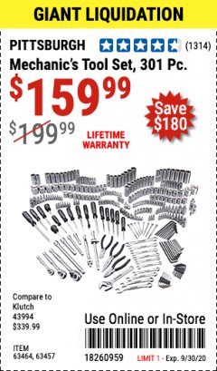 Harbor Freight Coupon 301 PIECE MECHANIC TOOL SET Lot No. 63464 Expired: 9/30/20 - $159.99