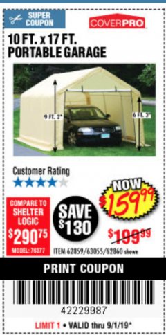Harbor Freight Coupon COVERPRO 10 FT. X 17 FT. PORTABLE GARAGE Lot No. 62859, 63055, 62860 Expired: 9/1/19 - $159.99