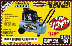 Harbor Freight Coupon MCGRAW 8 GALLON OIL-FREE AIR COMPRESSOR Lot No. 56269/64294 Expired: 6/30/20 - $124.99