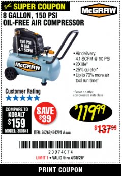 Harbor Freight Coupon MCGRAW 8 GALLON OIL-FREE AIR COMPRESSOR Lot No. 56269/64294 Expired: 6/30/20 - $119.99