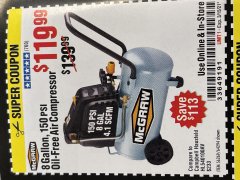 Harbor Freight Coupon MCGRAW 8 GALLON OIL-FREE AIR COMPRESSOR Lot No. 56269/64294 Expired: 3/15/21 - $119.99
