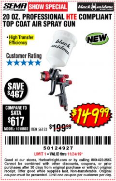 Harbor Freight Coupon BLACK WIDOW PROFESSIONAL HTE COMPLIANT SPRAY GUN Lot No. 56153 Expired: 11/24/19 - $149.99