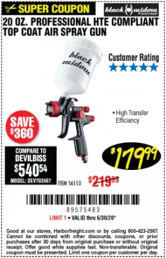 Harbor Freight Coupon BLACK WIDOW PROFESSIONAL HTE COMPLIANT SPRAY GUN Lot No. 56153 Expired: 6/30/20 - $179.99