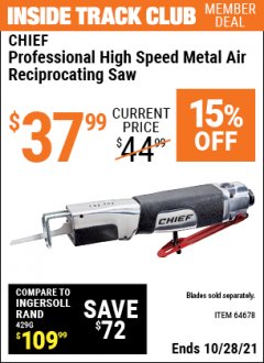 Harbor Freight ITC Coupon PROFESSIONAL HIGH SPEED METAL AIR RECIPROCATING SAW Lot No. 64678 Expired: 10/28/21 - $37.99